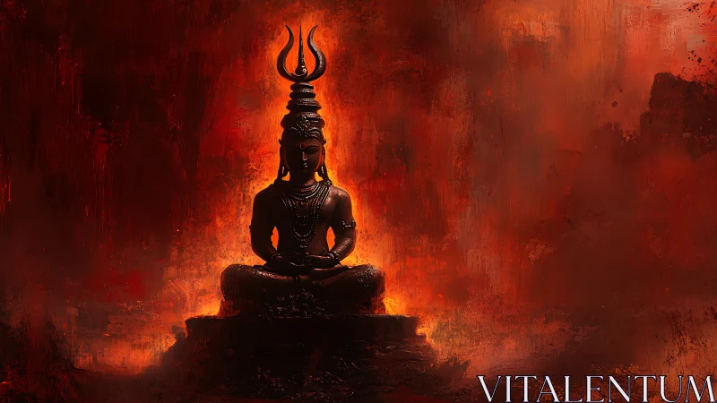 Flame crowned yogi statue in molten twilight stillness.