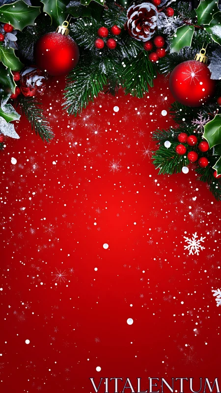 Red background with fir branches, baubles and snow border.