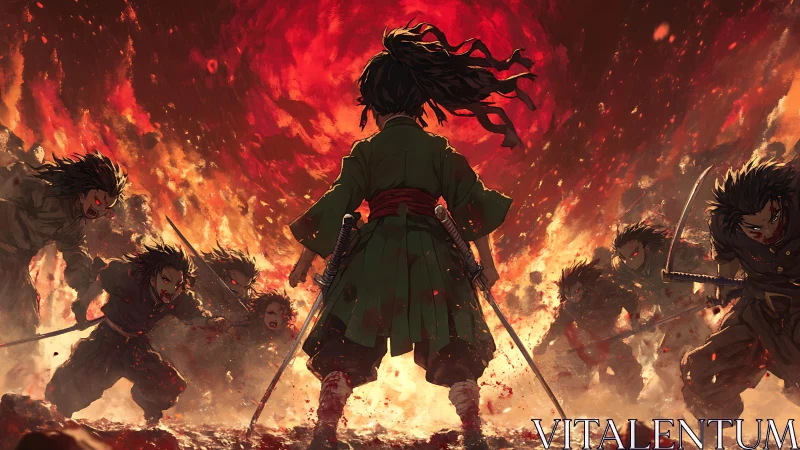 Fiery warrior stands firm against charging swordsmen in chaos