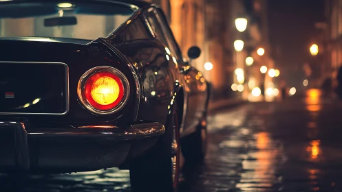 Classic car glow on a quiet cobblestone night street.