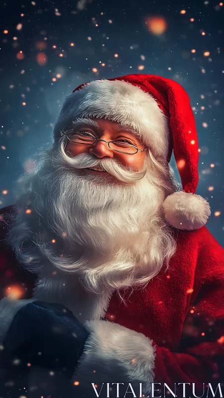 High-fidelity Santa portrait with luminous bokeh sparkle field.