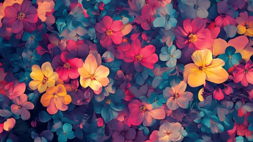Vibrant Floral Composition: Overlapping Blooms in Warm and Cool Chromatic Range