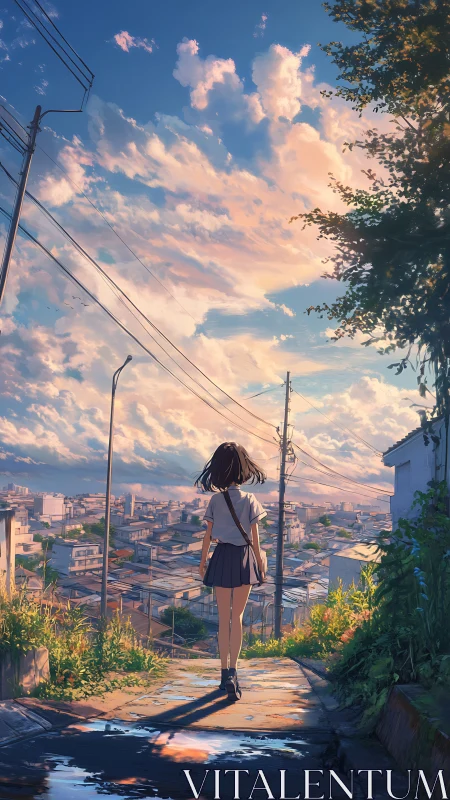 Girl on a hilltop street beneath sherbet city skies.
