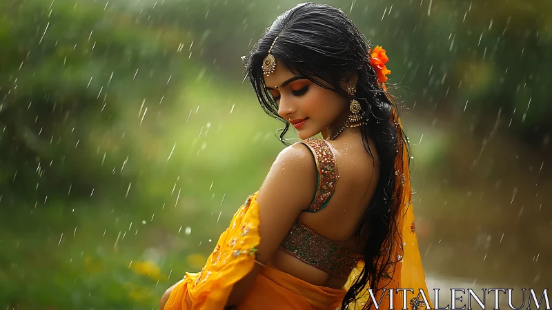 Photorealistic portrait in monsoon light with sari drapery focus.