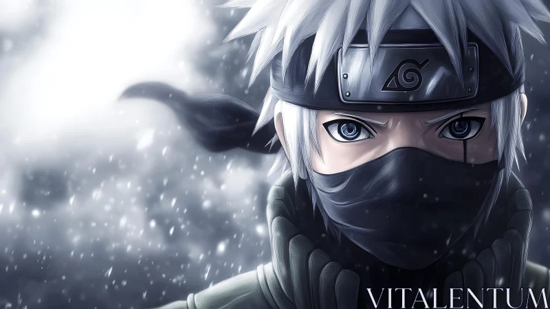 Masked silver haired ninja portrait in snowy storm.