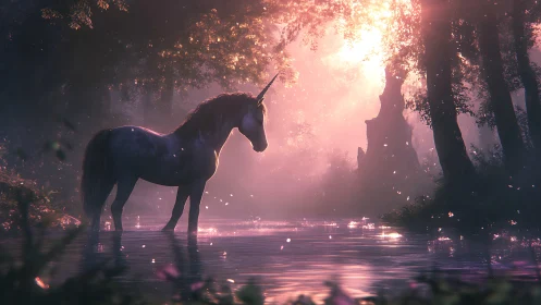 Ethereal unicorn stands in misty backlit forest shallows
