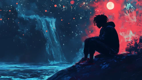 Silhouetted dreamer beside cosmic waterfall and red moon.