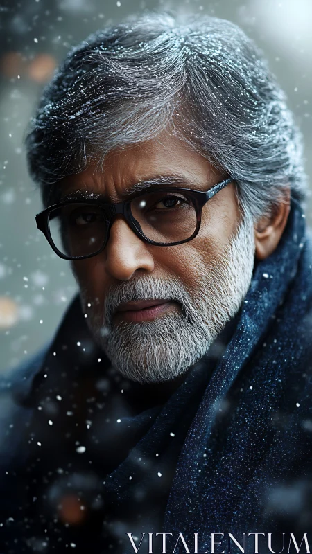 Thoughtful older man in gentle winter snowfall portrait.