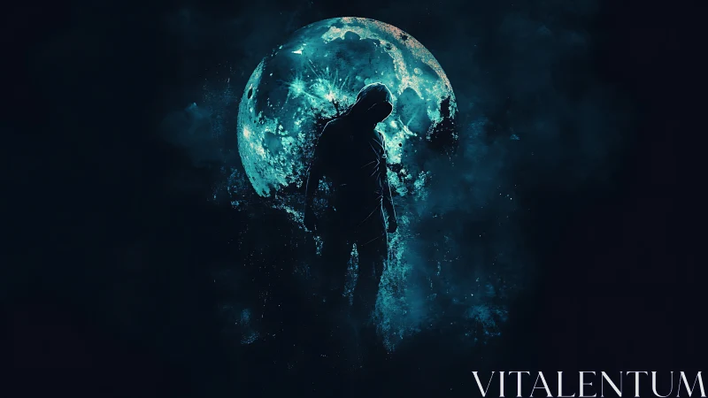 Lunar shadow wanderer drifting through electric teal night.