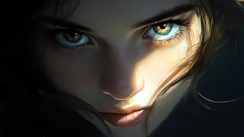 Hyperreal close-up portrait with luminous heterochromatic eyes.