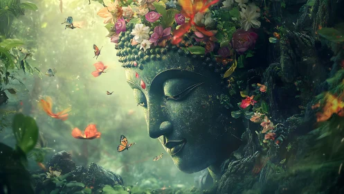 Floral stone Buddha in misted rainforest with drifting butterflies.