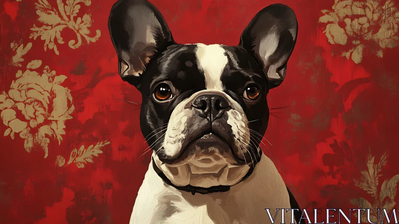 French bulldog portrait against ornate red floral backdrop.