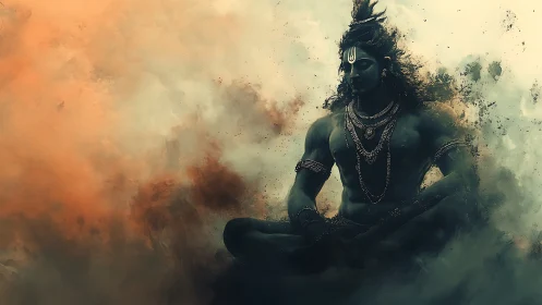 Mystical blue yogi seated in swirling cosmic clouds.