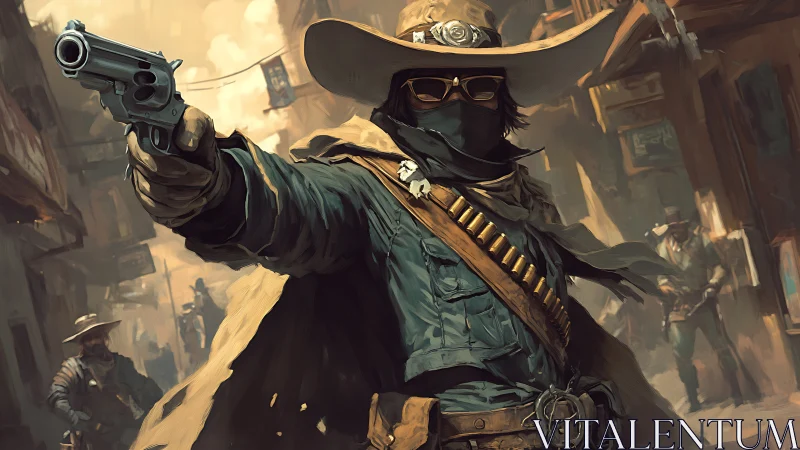 Masked gunslinger in dynamic western digital painting.