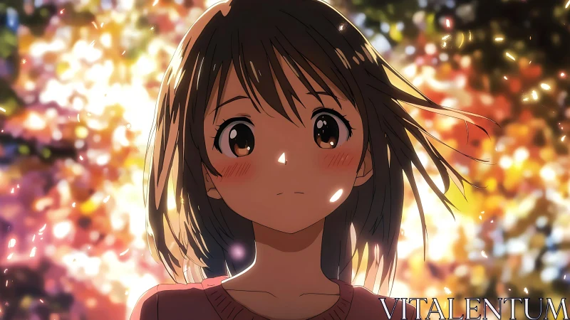 Anime girl against blurred autumn light background scene.