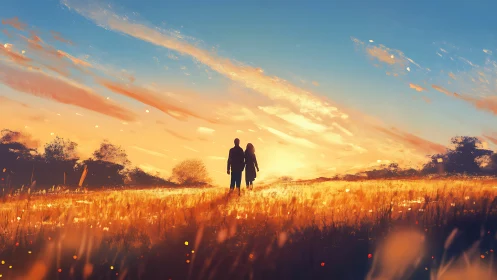 Two figures stand silhouetted against golden sunset field.