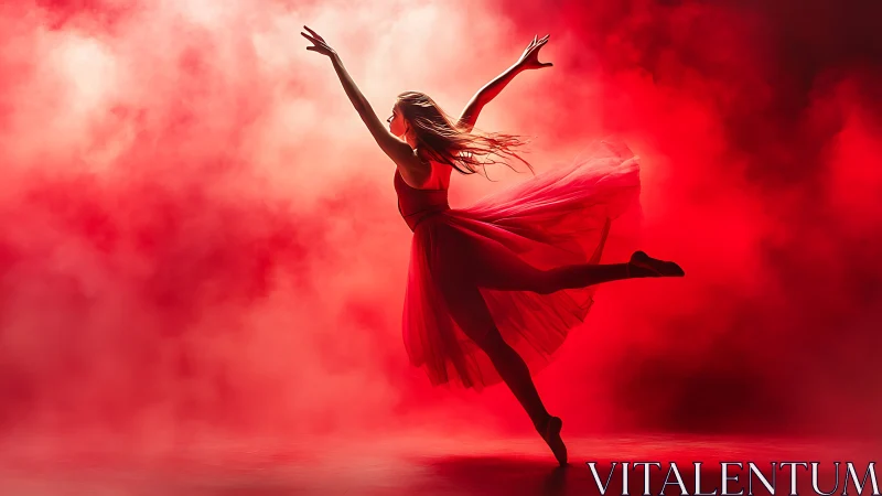 Graceful dancer leaping through glowing red stage light.