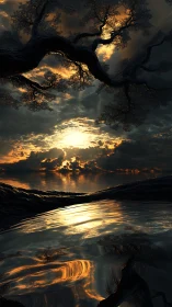 Storm-lit coastal tree above molten sunset water.