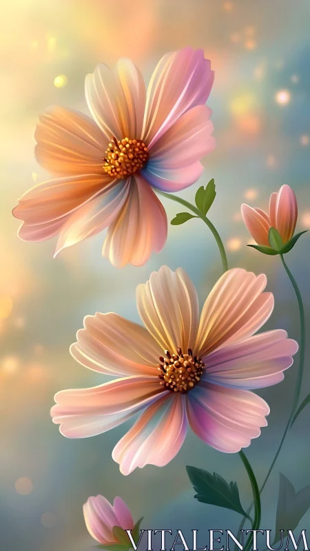 Cosmos Flowers Blooming. Rainbow Petals Against Soft Light.