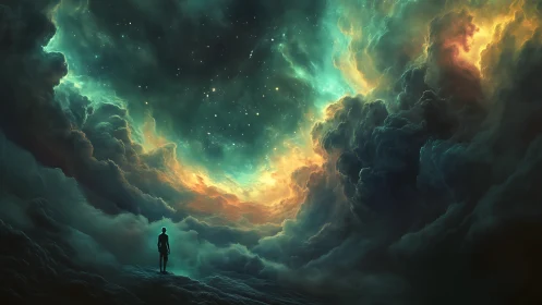 Solitary figure beneath luminous cosmic storm clouds.