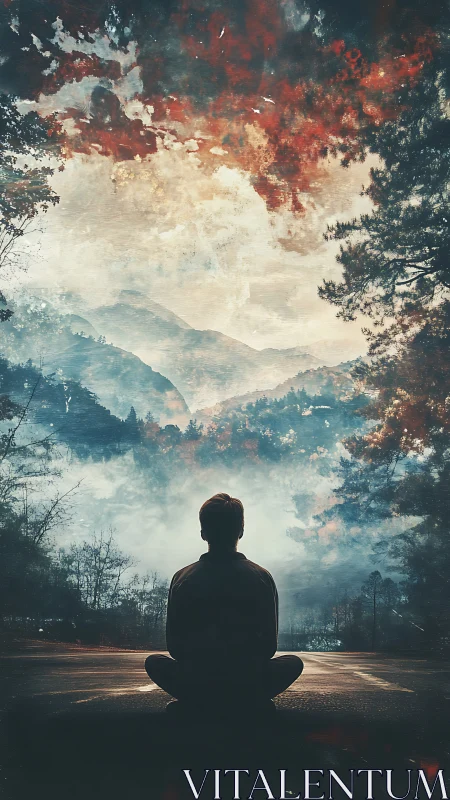 Solitary seated figure facing layered misty mountain vista.