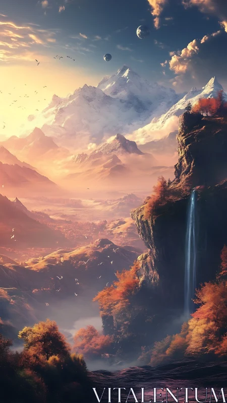 Glowing twin moons rise above ethereal autumn mountainscape