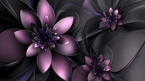 Stylized metallic purple florals intersect on dark curved planes