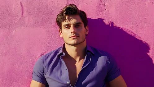 Relaxed portrait against a bold pink sunlit wall.