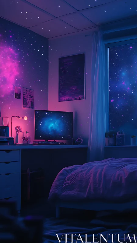 Neon lit bedroom merges cozy workstation with dreamy galaxy