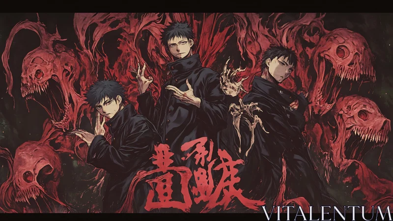 Triplicated sorcerer trio amid hemorrhagic spectral biomass.