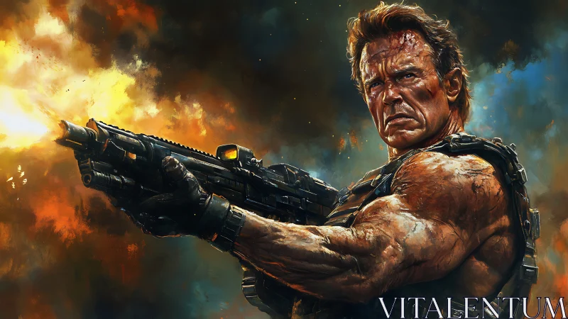 Battle-hardened soldier firing heavy rifle in flames.