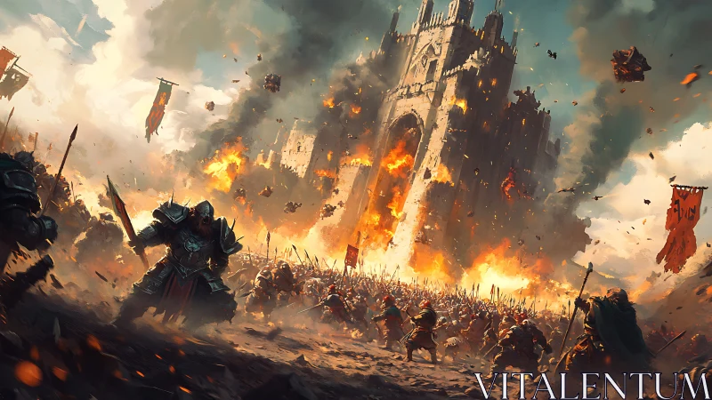 Epic siege of a burning castle in a storm of steel and fire.