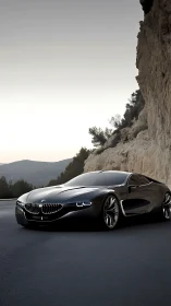 Sleek black BMW concept car passes rugged cliffside road.