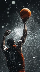 Basketball player extending for shot amid suspended droplets.