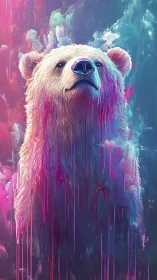 Aurora-drenched polar bear rising through neon drifts.