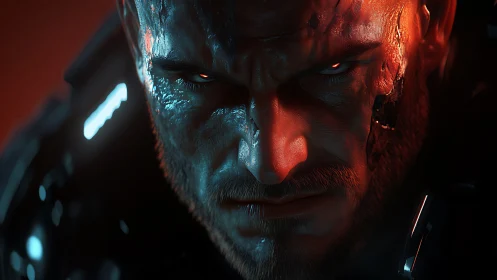 Cybernetic soldier portrait under red teal rim lighting closeup