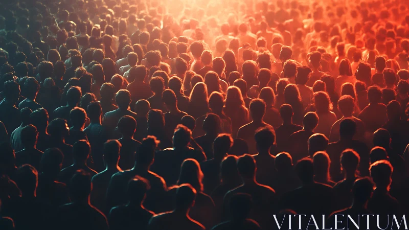 Glowing crowd gathering under warm sunset colored light.