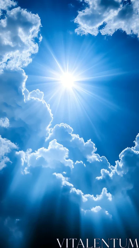 Sunlight radiates through cumulus cloud formations overhead