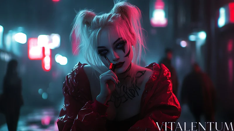 Neon drenched rebel applies lipstick in a moody city alley