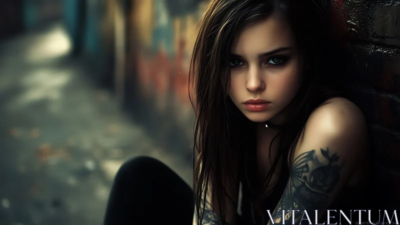 Tattooed girl rests in moody urban alleyway glow