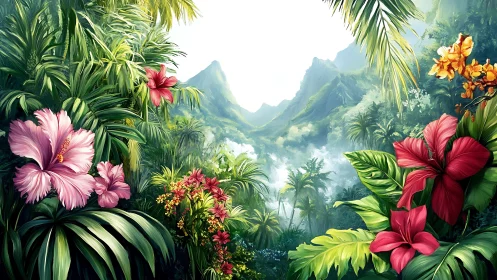 Lush tropical valley with vivid hibiscus and misted peaks.