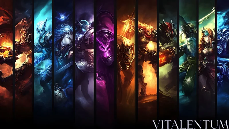 Fantasy champions lineup split by vivid elemental light.