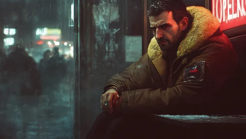 Man in heavy coat sits indoors beside wet city window