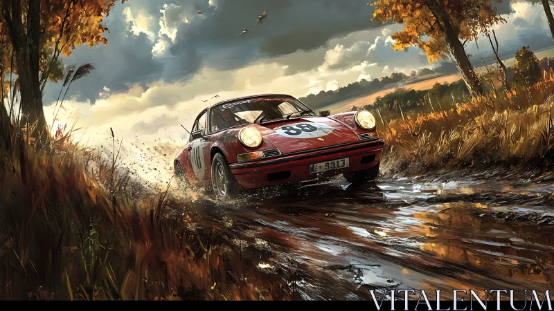 Roaring red rally car storms through a golden autumn road
