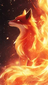 Luminous fire fox profile in swirling ember-lit flames.