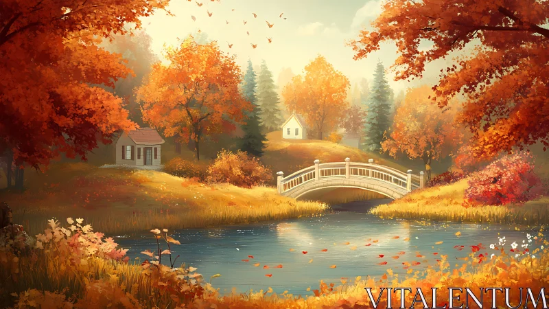 Warmly lit digital autumn valley with bridge and riverside cottages