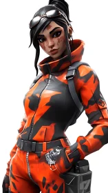 Confident female game hero in red tactical suit.