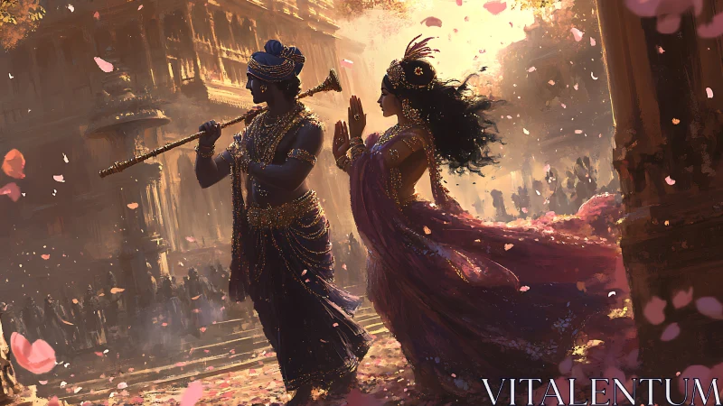 Petals whirl as celestial lovers drift through golden dusk