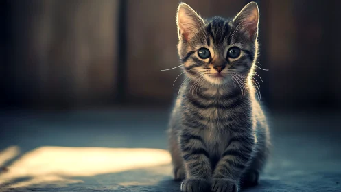 Tabby kitten seated, frontal composition, controlled lighting.
