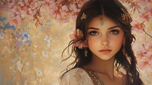 Romantic digital portrait with floral backdrop composition.